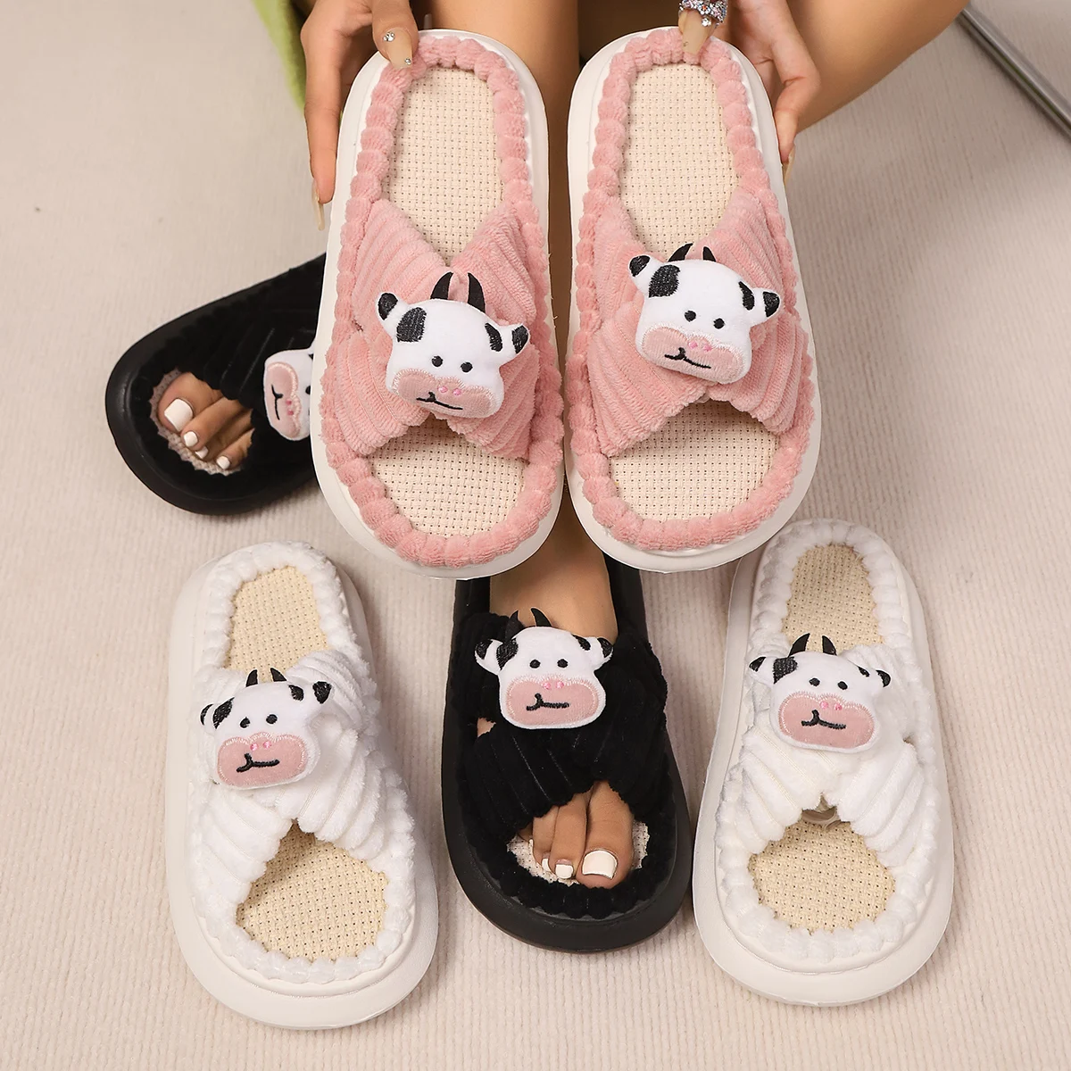 

Casual Platform Slippers Home Cotton Hemp Cute Cartoon Cow Decoration Designed Shoes Girls Flats Fashion Slipper Ladies Open Toe