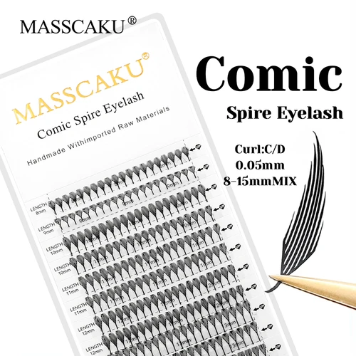 Nuevo diseño MASSCAKU, pestañas de aguja cómicas ligeras de 0,05mm de espesor, 8-15mm de longitud mixta, Base puntiaguda, aplicación de pestañas prefabricadas