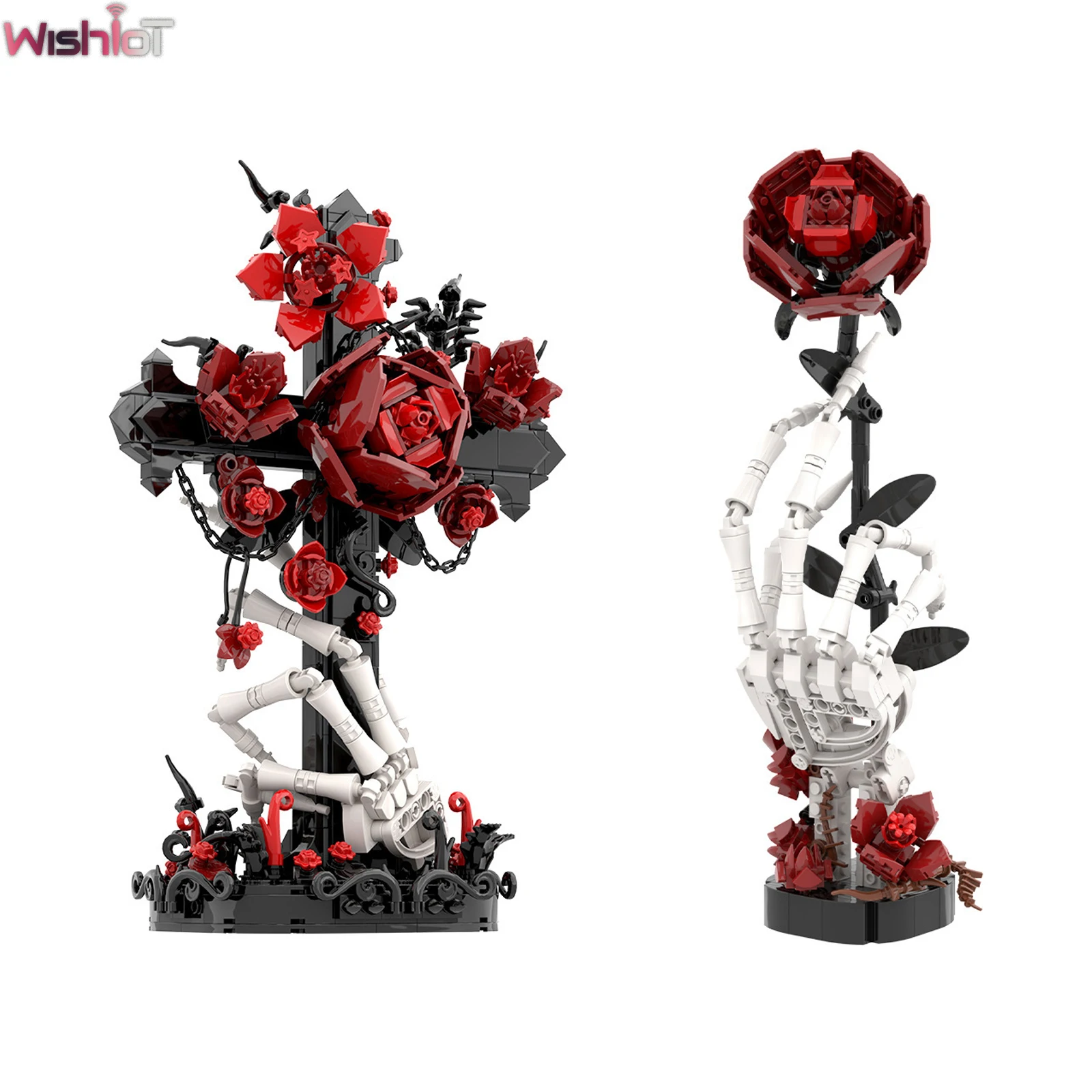 MOC Cruz cráneo mano Rosa bloques de construcción flores góticas modelo fiesta decorar foto accesorios montaje juguetes adornos regalos