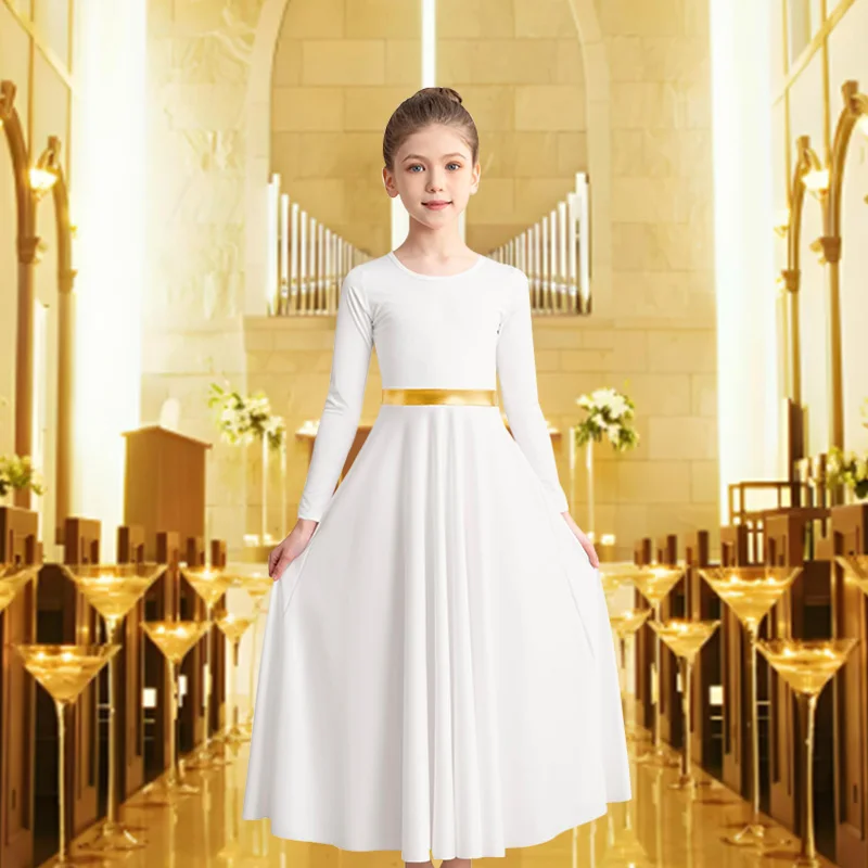 Vestido de baile moderno de alabanza de longitud completa y holgado de manga larga para niña, traje metálico liturgico de adoración, vestido de baile