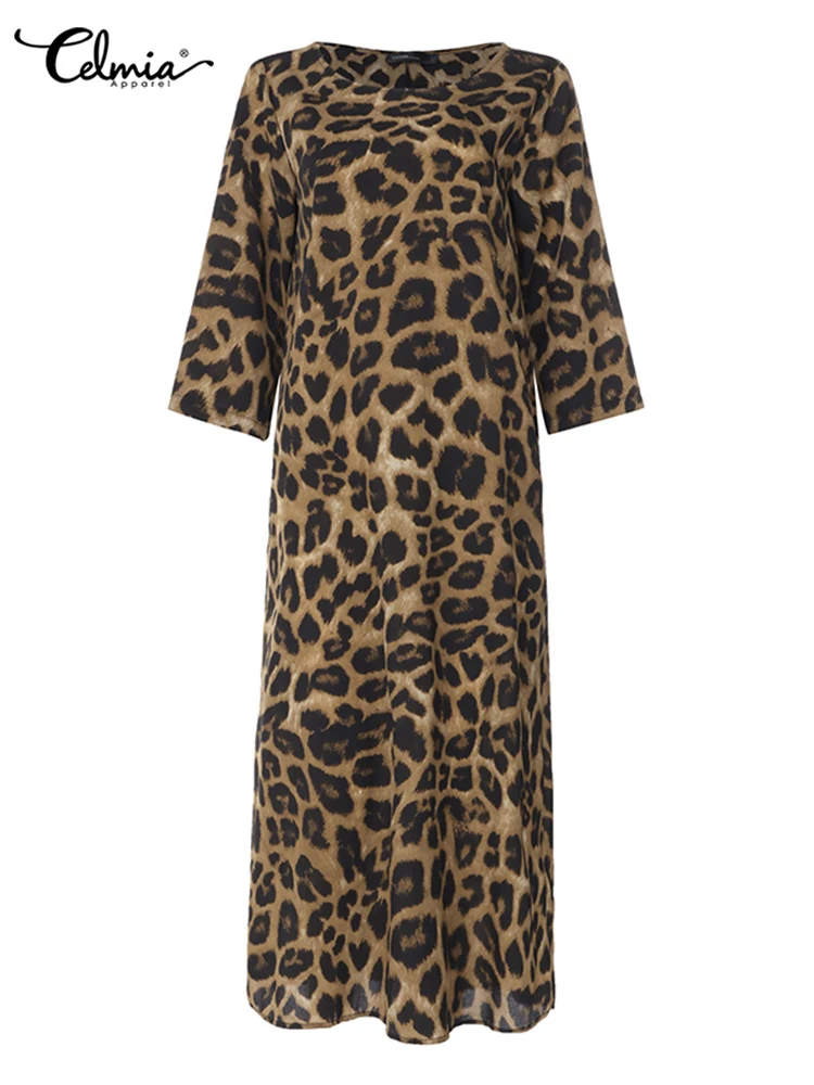 Celmia Streetwear Leopard Print O Neck Robe 2024 Women Kaftan 3/4 Sleeve Maxi Dress Bohemian Long Dress Casual Loose Vestido