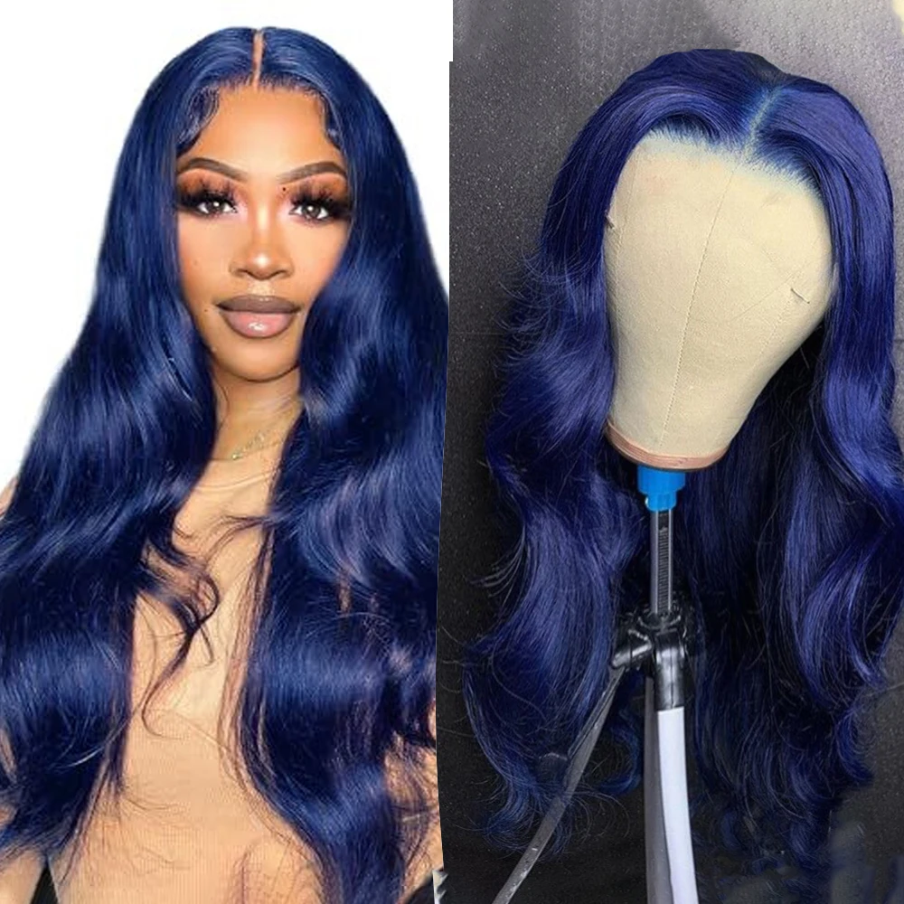 Pelucas onduladas de cuerpo azul medianoche cabello humano 13x4 HD peluca Frontal de encaje pelucas de cabello humano Frontal de encaje azul oscuro para mujeres 180 de densidad