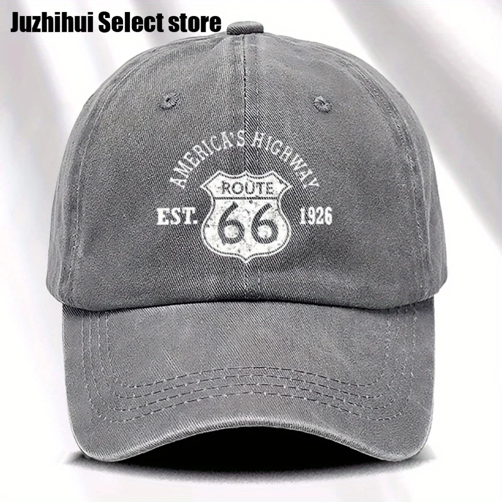 1pc Boné Retro Route 66, Boné de Beisebol Lavado, Boné Estilo Outdoor, Boné Retro Lavado Fashion, Boné de Beisebol Outdoor com Aba Curvada
