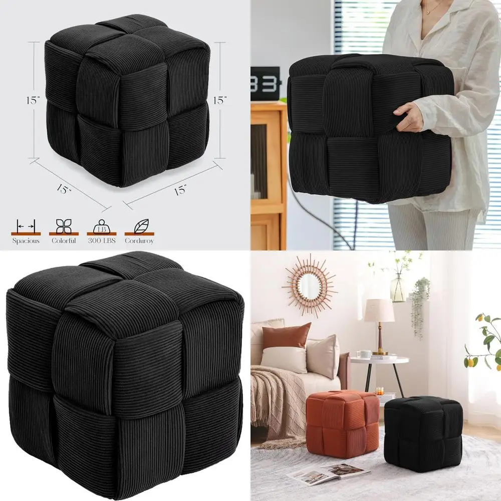 

Soft and Comfortable Square Corduroy Ottoman with Woven Design for Sofa, Black