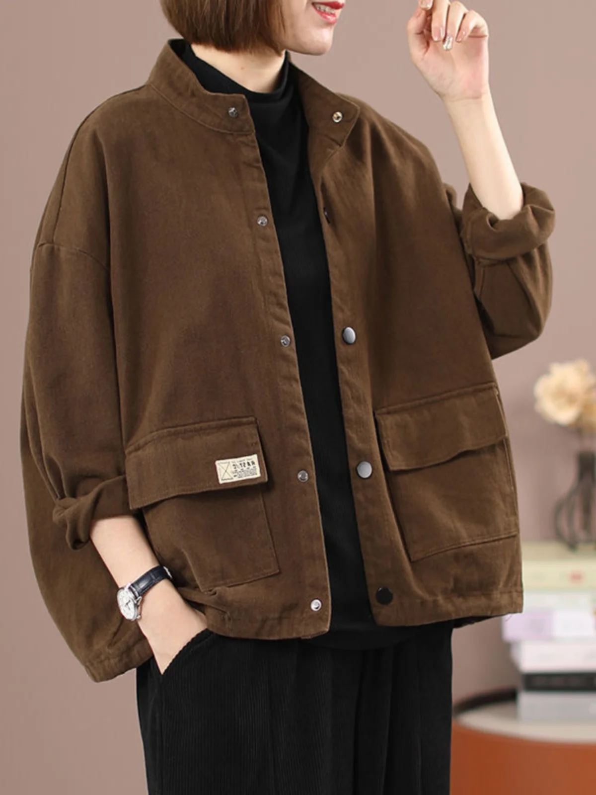 

Casual Denim ort Jaet for Middle-Aged Women Spring Autumn New Sle plus Size Cover Belly Loose Fit Long Sve Cotton Blend