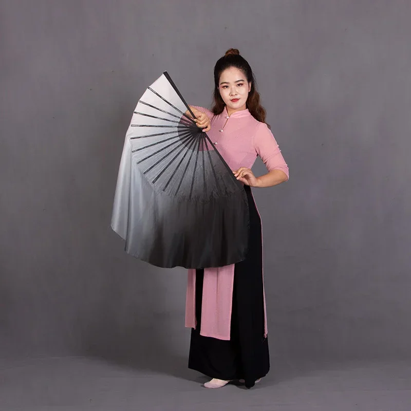 100% Silk Veil Black White Taiji Ink Fan Handmade Pairs Bamboo Rib Chinese National Dancing Props Left Right Flowy Half Moon