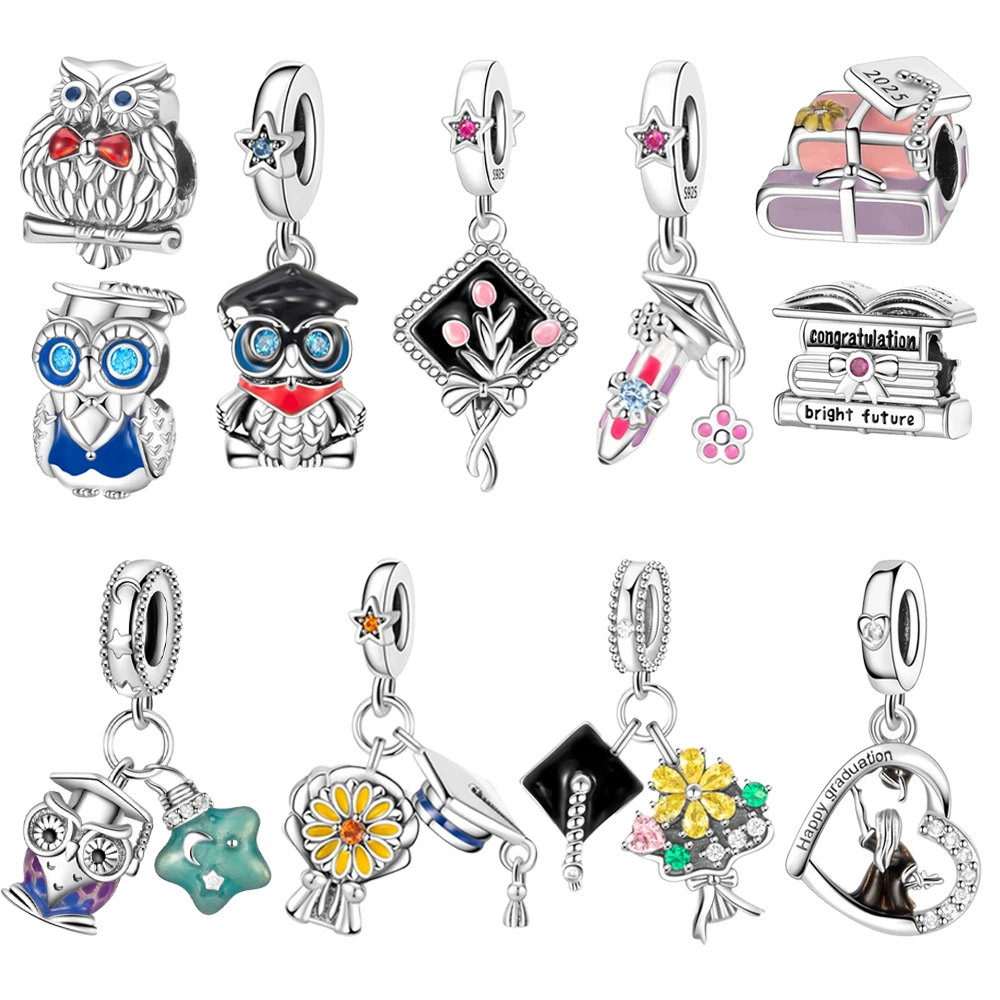 

Silver Plated Bachelor Hat Owl Sunflower Dangle Charm Fit Original Pan Charms Bracelets Making Jewery Gift for Graduates