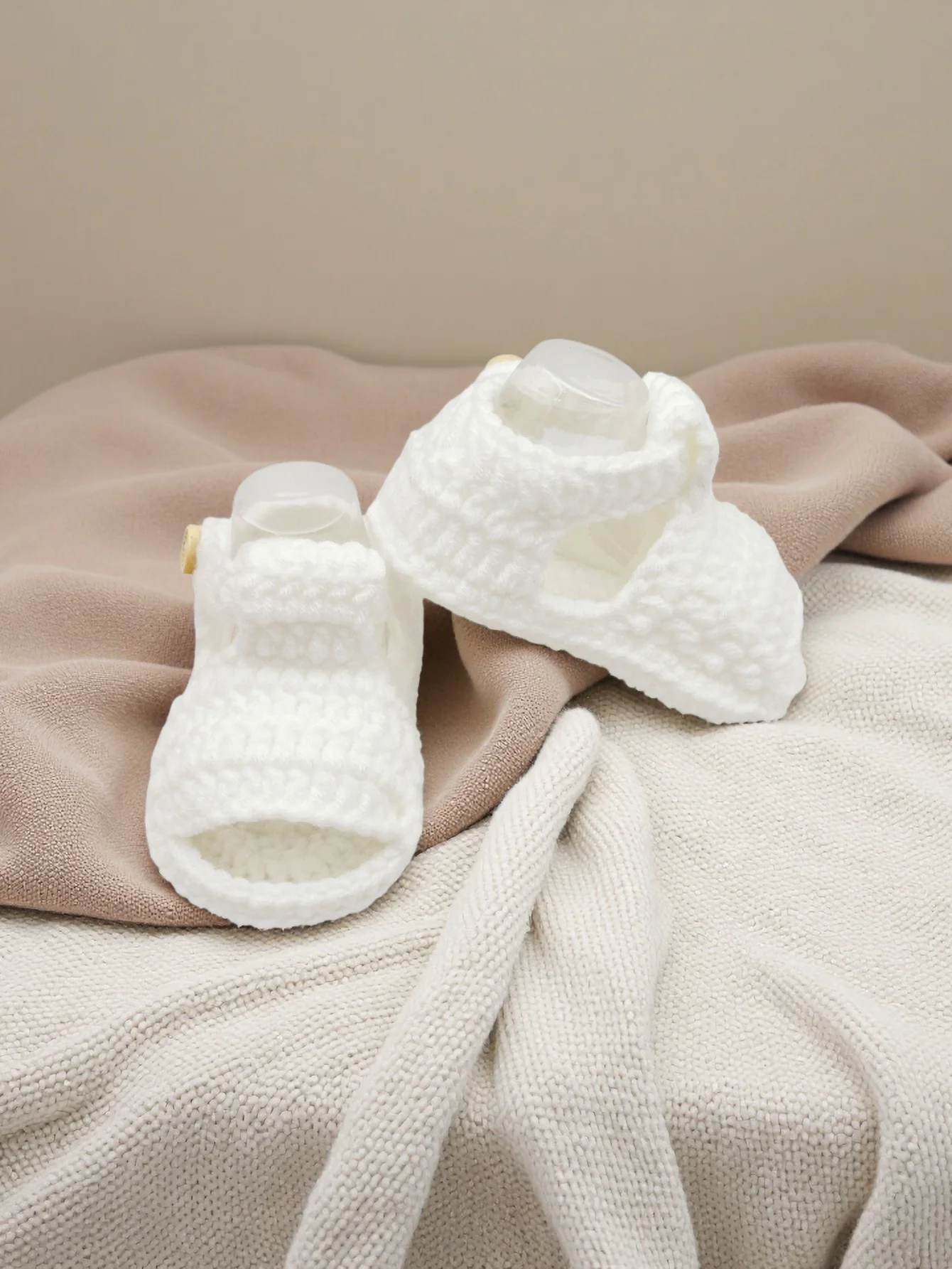 1 Pair Soft Crochet Baby Booties, White Mary Jane Style with Button Closure, Infant Size