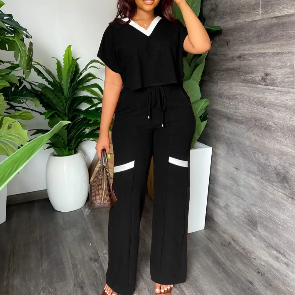 Two Piece Set Women V-neck Short Sleeve Top & DrawString Wide Leg Pants Casual Summer Elegant Matching Sets Tracksuit Outfits