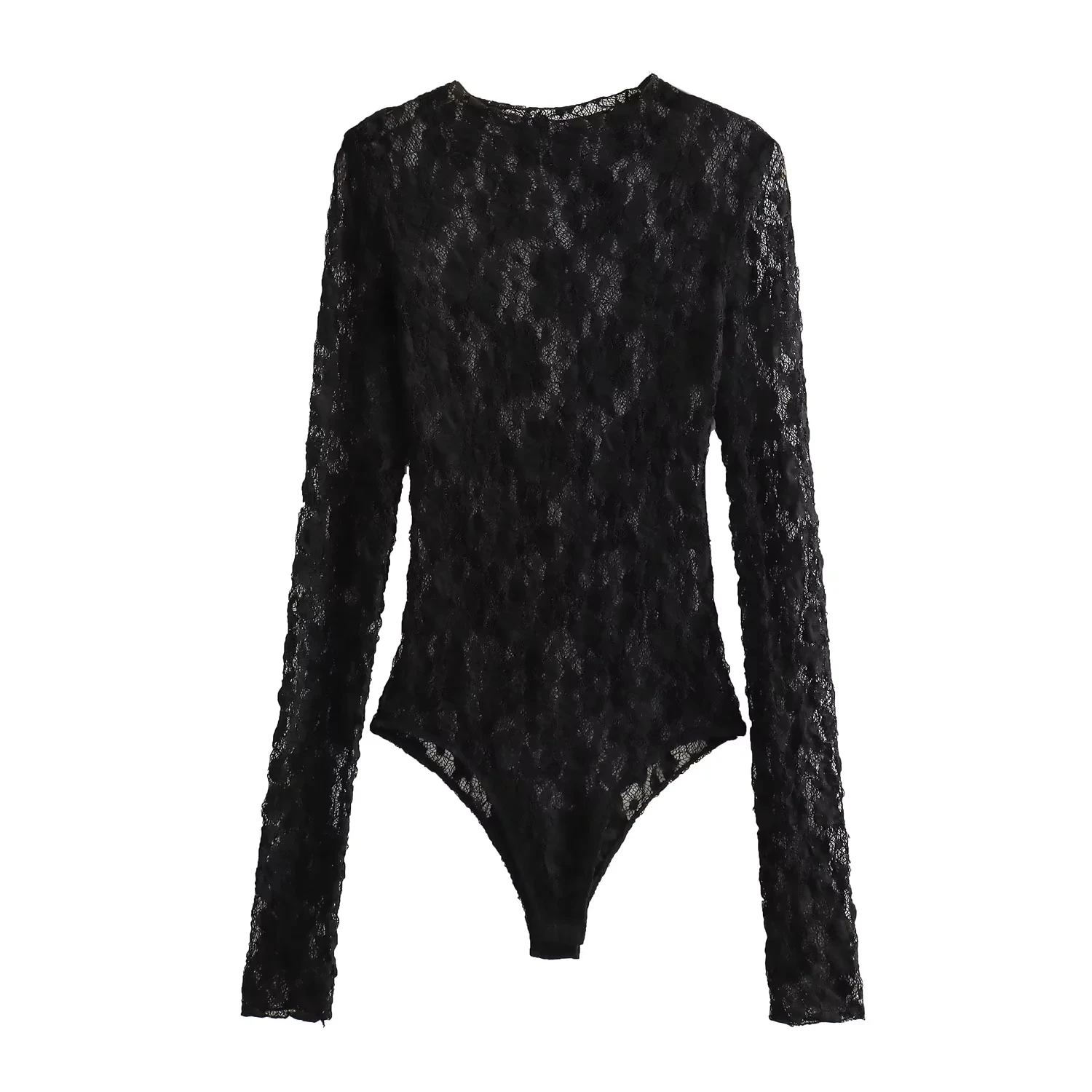 TRAF 2024 Lace Black Bodysuit For Women Semi See Through Lingeries Bodysuit One Piece Bodycon Long Sleeve Sexy Body Woman