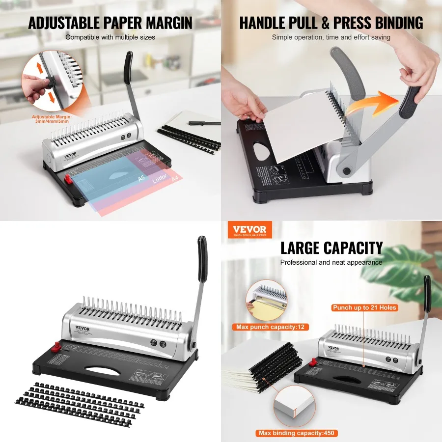 

VEVOR Binding hine Comb Binding hine 21Holes Binding 450 Sheets Book Binder hine with 100 PCS 3 8'' Comb Binding Spines for Let