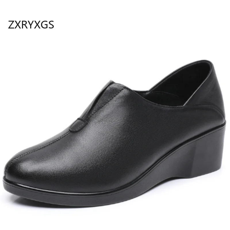 

ZXRYXGS 2025 New Premium Cowhide Leather Shoes Wedges Comfortable Versatile Mid Heels Soft Sole Women's Shoes Shoes Size 33-43