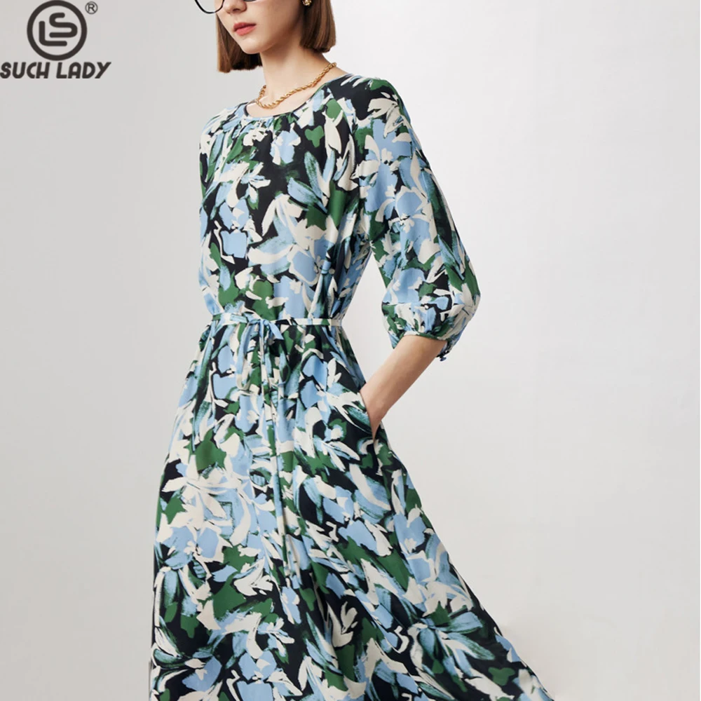 

95% Natural Silk 5% Spandex Women's Dresses O Neck Long Sleeves Printed Lace Up Elegant Vestidos