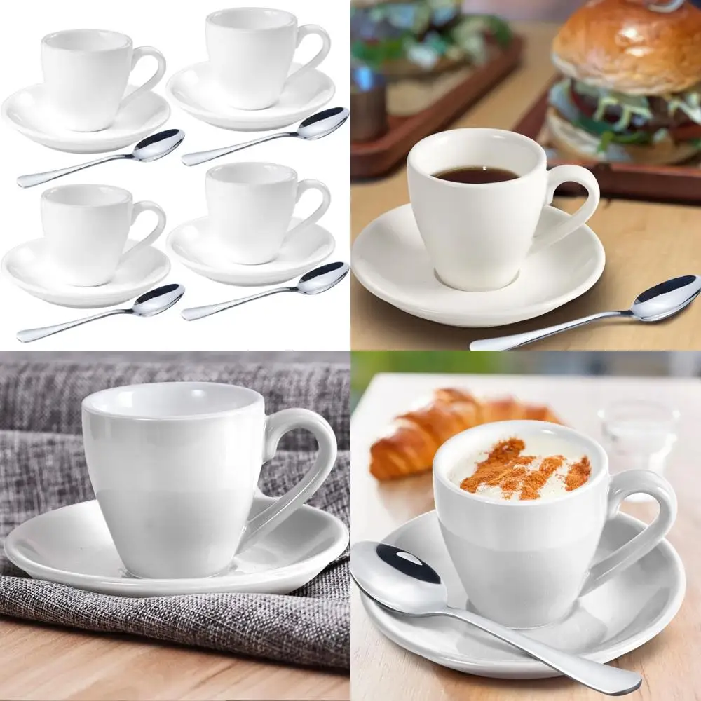 

porcelain espresso shot cup set with saucers and stainless steel spoons - 80 ml / 2.67 oz, set of 4, white