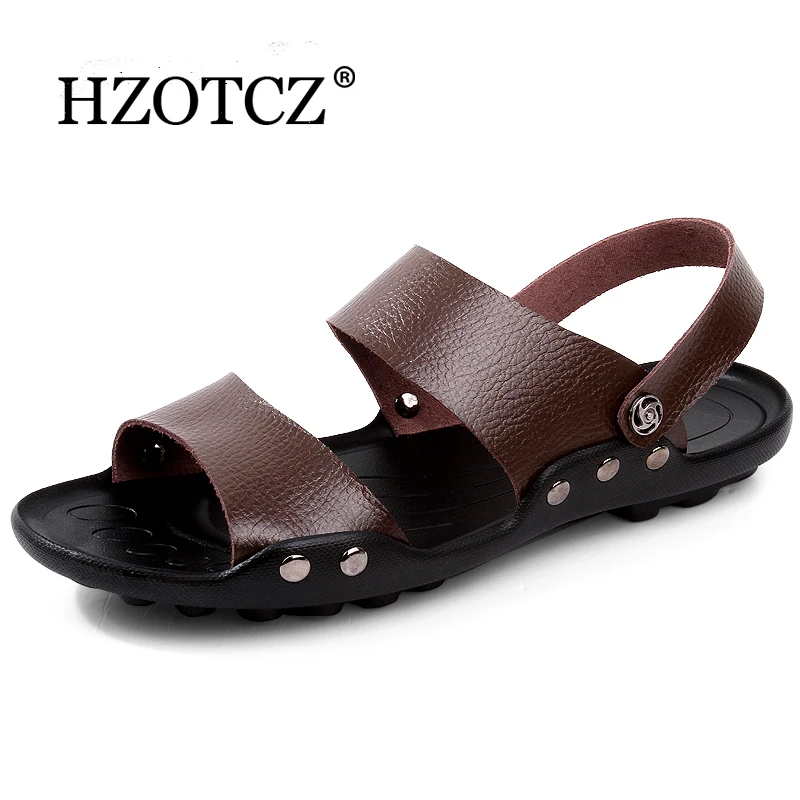 Summer Men Sandals Leather slippers Vintage Flat Heel Solid Beach Sandals Gladiator male Slippers Summer Shoes flip flops