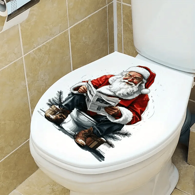 Funny Santa Toilet Sticker Christmas Bathroom Wall Decal Santa Reading Newspaper Vinyl Art for Festival Bathroom Home Xmas Decor
