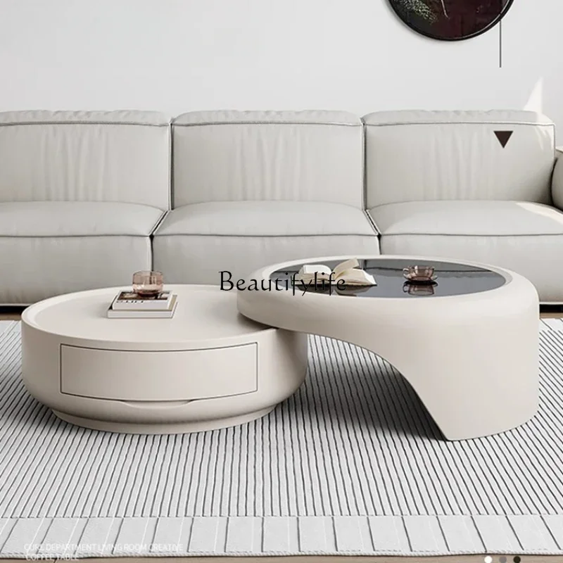 

FG282024 New Coffee Table Living Room Home Small Apartment Light Luxury High-Grade Cream Style round Glass