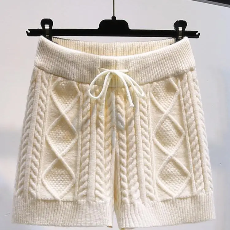 Neue hoch taillierte, gedrehte, kurze Strickhose für Herbst und Winter, die über die rautenförmige Wollhose mit geradem Bein für Damen getragen wird