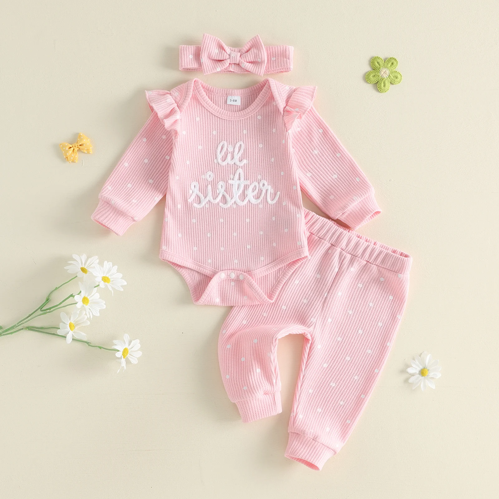 Baby Girl Fall Waffle Outfits Long Sleeve lil sister Letter Dot Print Romper with Pants and Headband