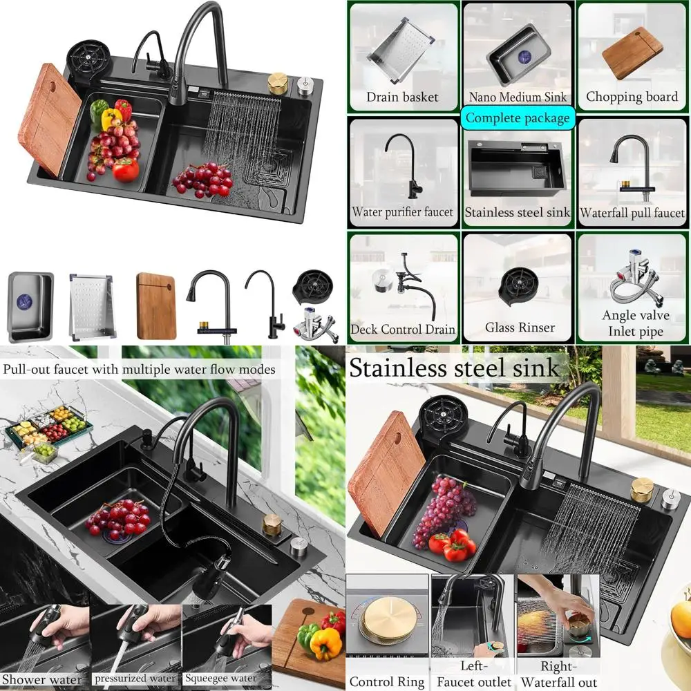 

Black 304 Stainless Steel Single Bowl Kitchen Sink with Pull-Down Faucet and Complete Accessories for Family Bar Use