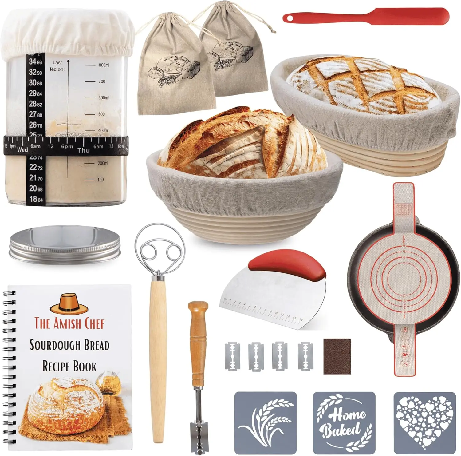 

Complete Sourdough Starter Kit with Glass Jar, Banneton Basket, and Baking Supplies for Homemade Bread