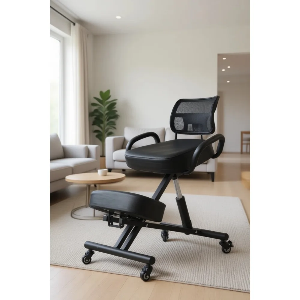 Adjustable Ergonomic Kneeling Chair with Backrest, Wheels, Cushion - Office & Remote Work, Promotes Upright Posture, Relieves Back Pain