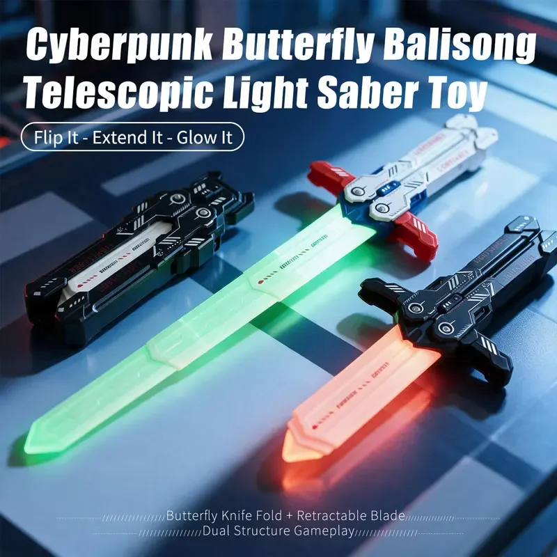Cyberpunk Retractable Glow Sword Butterfly Foldable LED Light Up Sword Smooth Swing for Cosplay Party Game Novelty Toy Gift