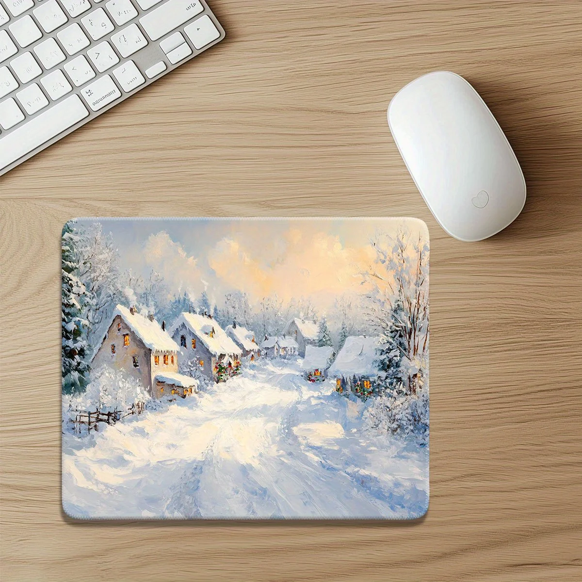 

Christmas oil painting mousepad with town and clear sky anti-slip rubber washable suitable for office home desktop decoration