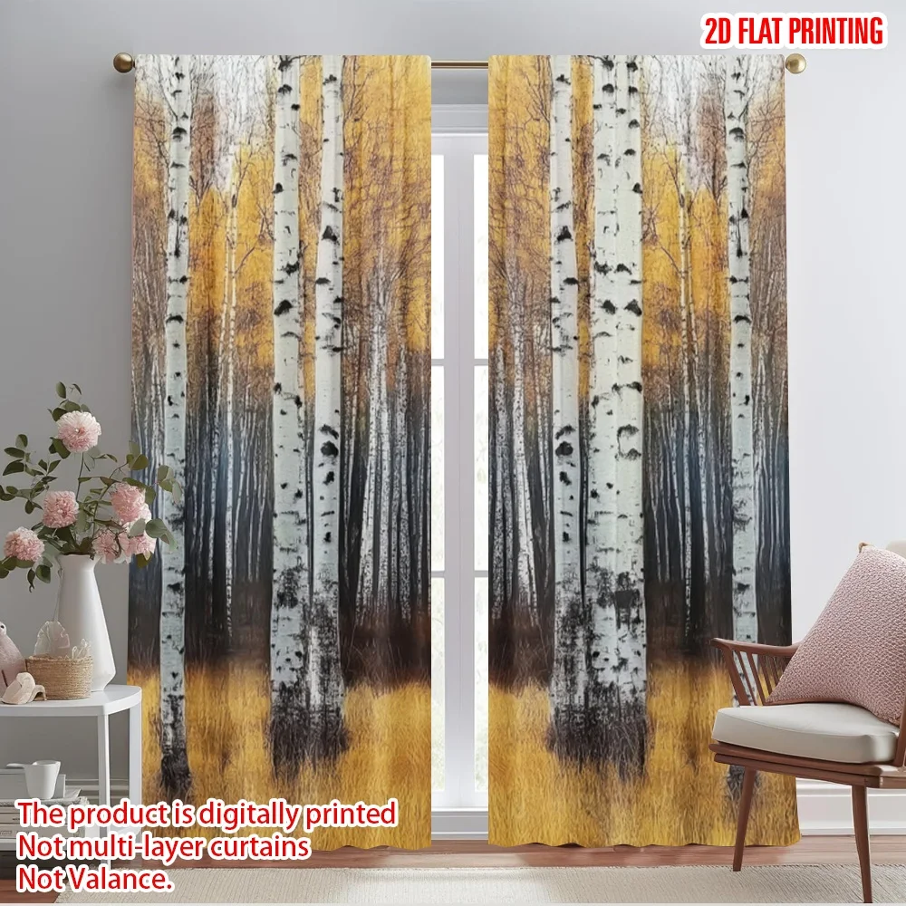 2pcs,2D plane printing Curtains Roller Blinds Golden Birches Versatile Polyester Fabric (without rod) Versatile All Ldeal for