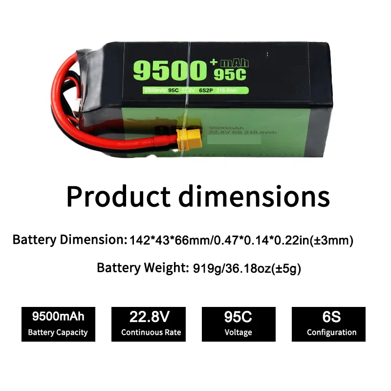 Upgrade Version 9500mAh 6S 22.8V 95C Lipo Battery High Performance For RC Model Aircraft Drone
