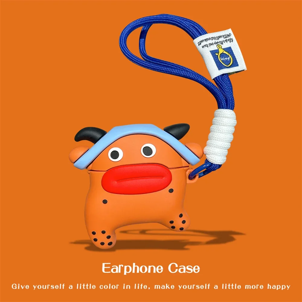 Earphone Case for Airpods4 3 2 1 Pro Silicone Orange clown monster Protective Headphones Lanyard Shockproof Soft Anti-fall Cover