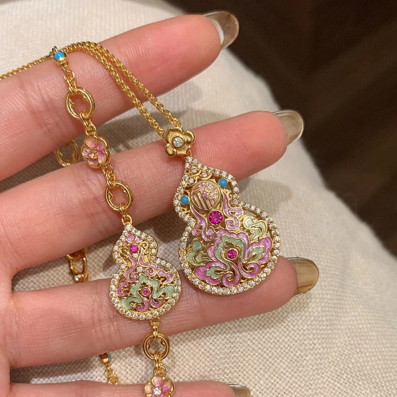 

Classical Romantic Style Colored Pink Enamel Lotus flower Necklace Bracelet Exquisite and High Grade Gourd Jewelry sets Gift