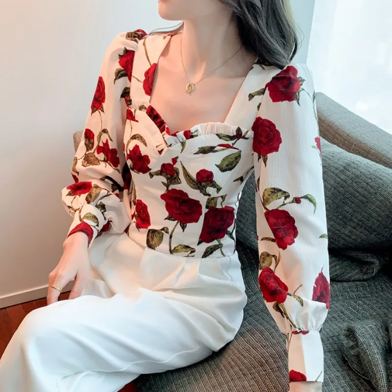 Long Sleeve Shirts Women Floral Printed Spring Summer Thin Vintage Chic Cropped Tops Loose Square Collar Chains Basic Clothes