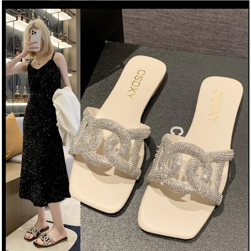 Fashion Women Slippers 2024 Luxury Designer Flat Heel Rhinestone Sandals High Quality Ladie Sequins 