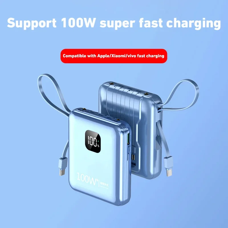 200000mAh Power Bank o dużej pojemności 100W Super szybkie ładowanie Wbudowany kabel Przenośna bateria zewnętrzna do Iphone Samsung Xiaomi