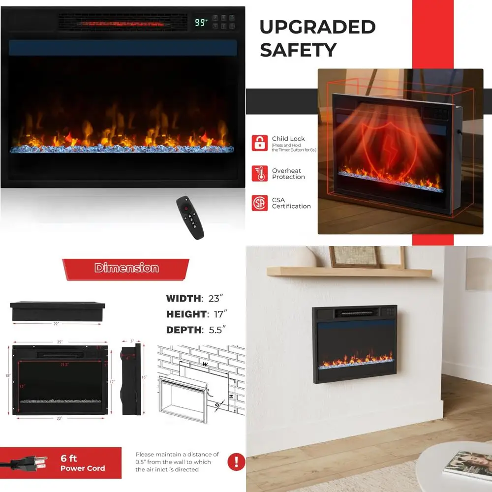 

23 Infrared Quartz Electric Fireplace Heater, 1500W with Remote and Thermostat, Recessed Heater for Home Comfort