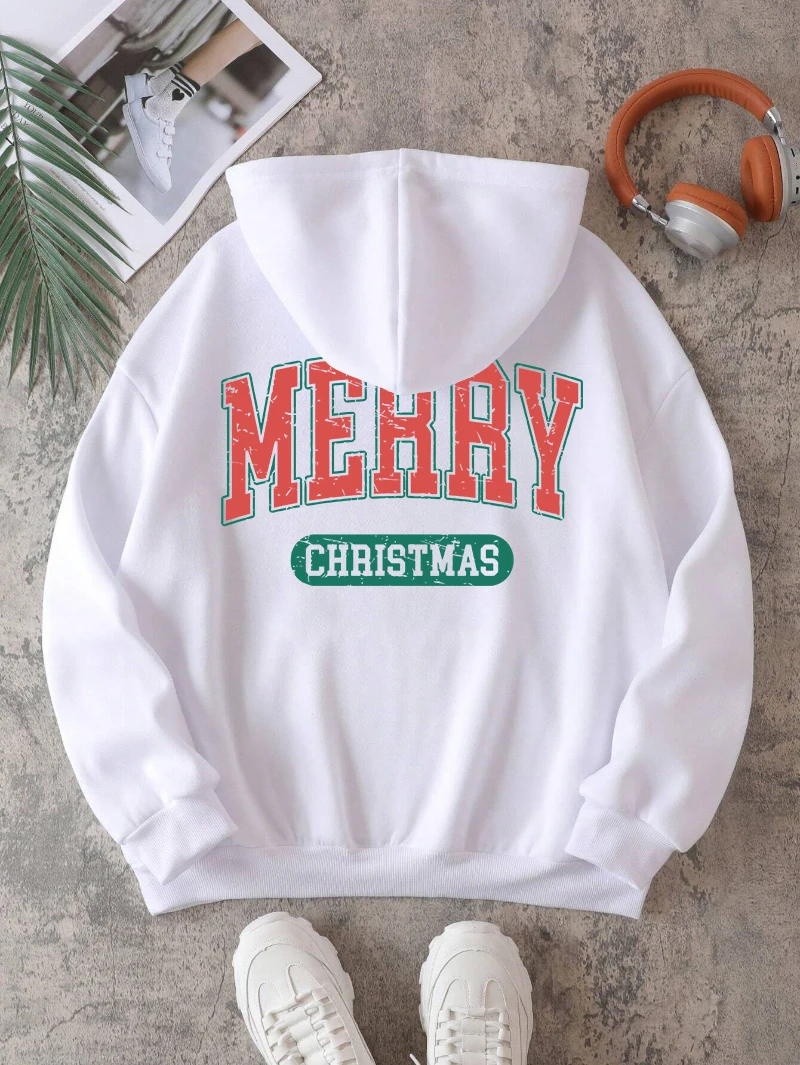 

Merry Christmas Hoodie Men Womens Letter Printed Pullovers Loose Pocket Warm Fleece Sweatshirts Winter Casual Man Sportswear
