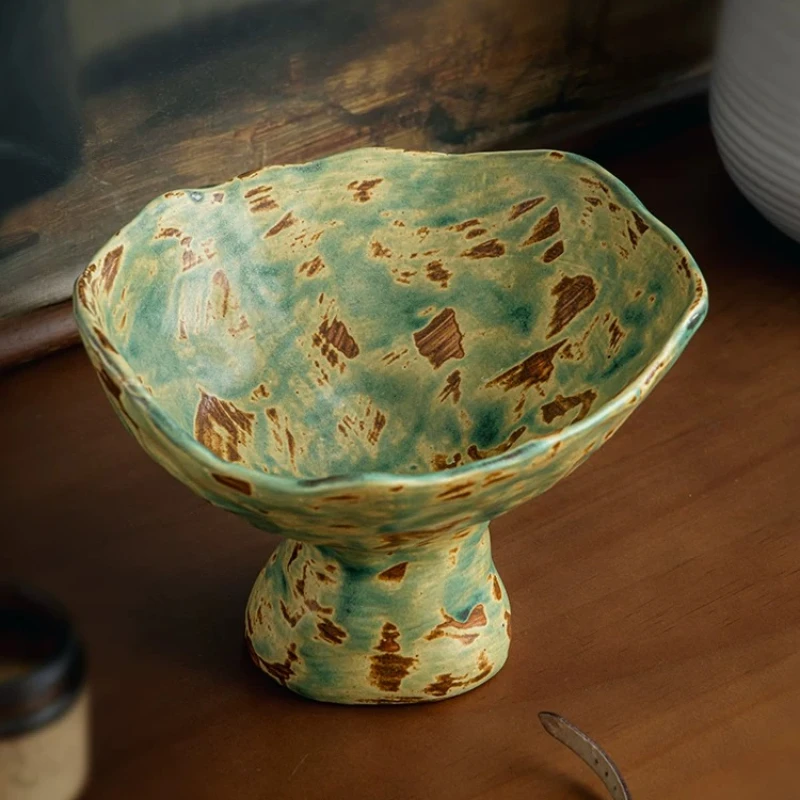 Vintage Wabi Sabi Style Irregular Ceramic Fruit Bowl Rough Pottery Pedestal Fruit Tray Home Tabletop Decor Display Ornament