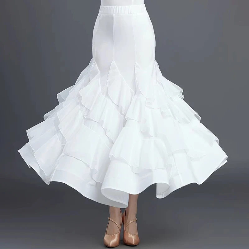 

Юбка для бальных танцев с эластичным поясом, с оборками, расклешенная, для женщин, для современного вальса, танцевальный костюм для выступлений