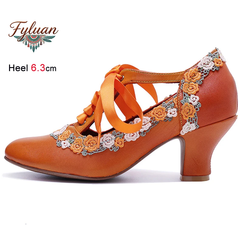 Fashion Spring Summer Orange Lace Flowers Women's Shoes Chunky  Heels 6.3cm Lace Up Hollow Ladies Pumps Round Toe Bohemian Shoes