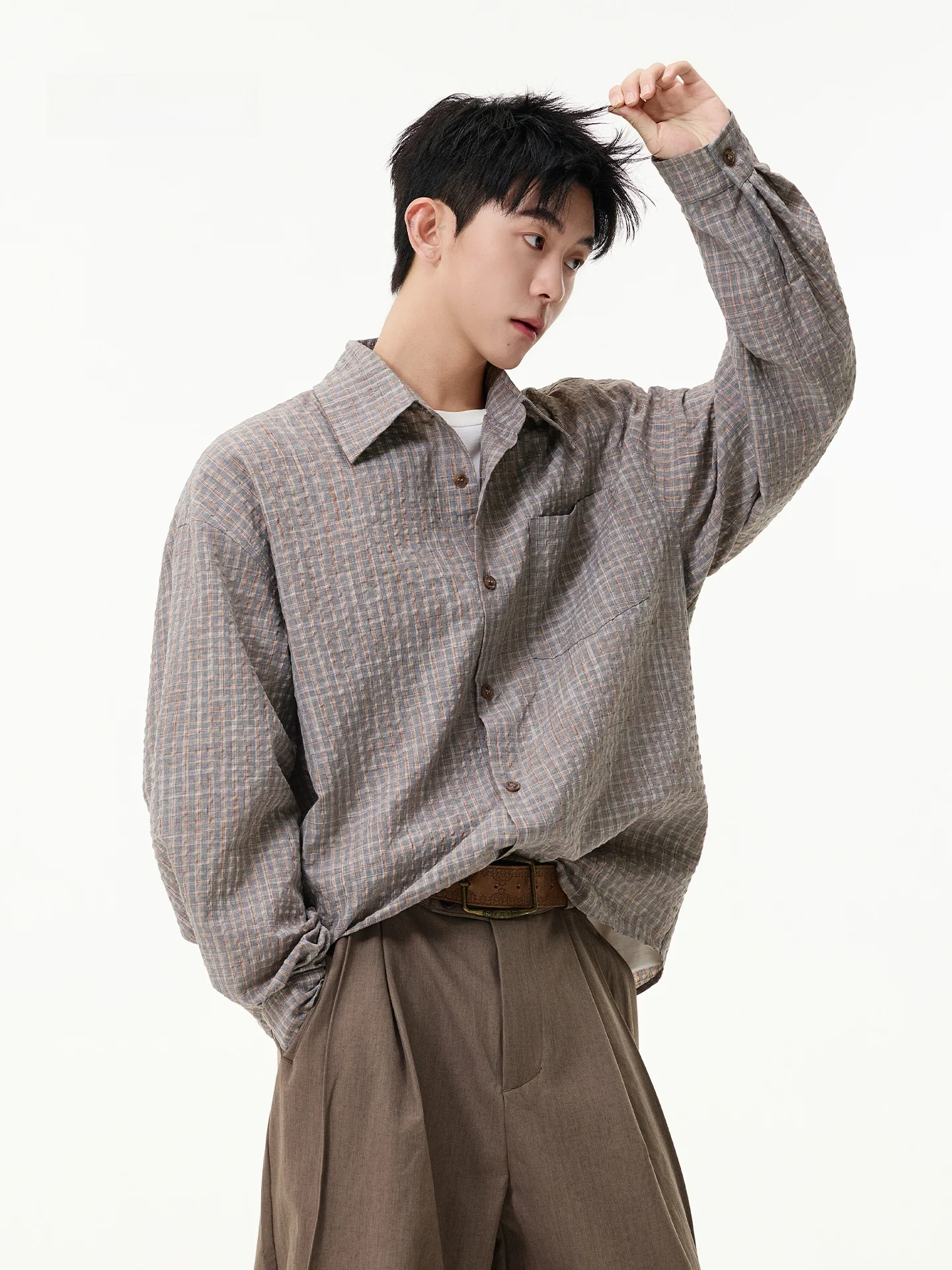 

Мужская клетчатая рубашка-пуловер с длинным рукавом, свободного кроя, из смесового полиэстера, удобная, дышащая, для офиса, пляжа, кампуса, свиданий