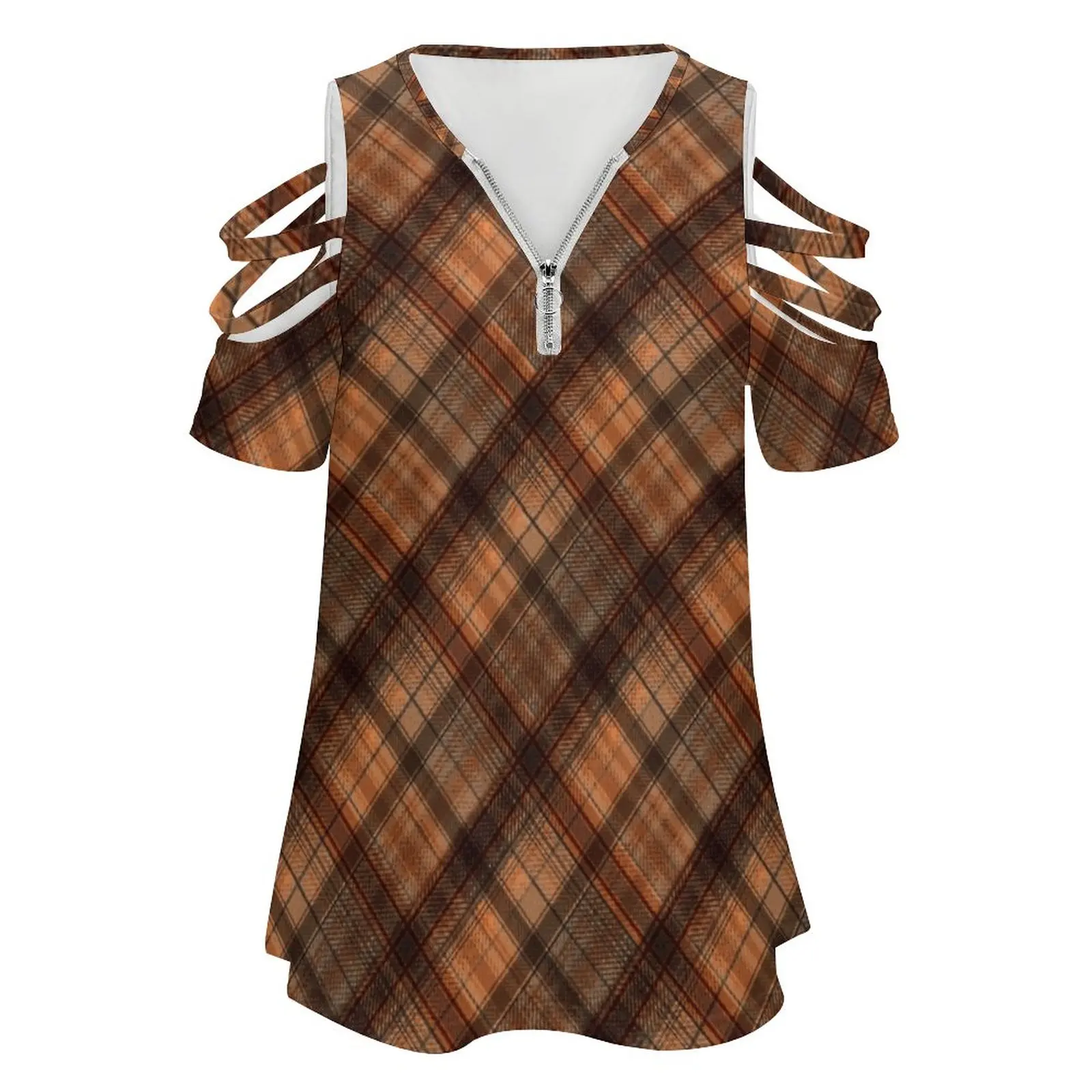 Black And Orange Tartan. Women Zipper Various styles Printed T Shirts Tops Full Print T-Shirt Black And Orange Tartan Brown Blac