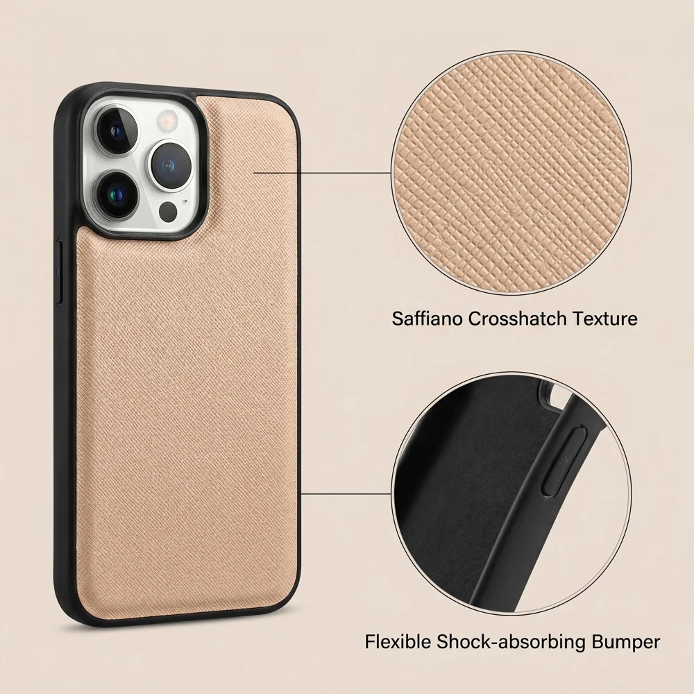 Single Initial Custom Gold Hot Stamping Embossed Case for iPhone 14 15 16 17 18  Pro Max Premium Saffiano PU Leather Phone Cover - view 3