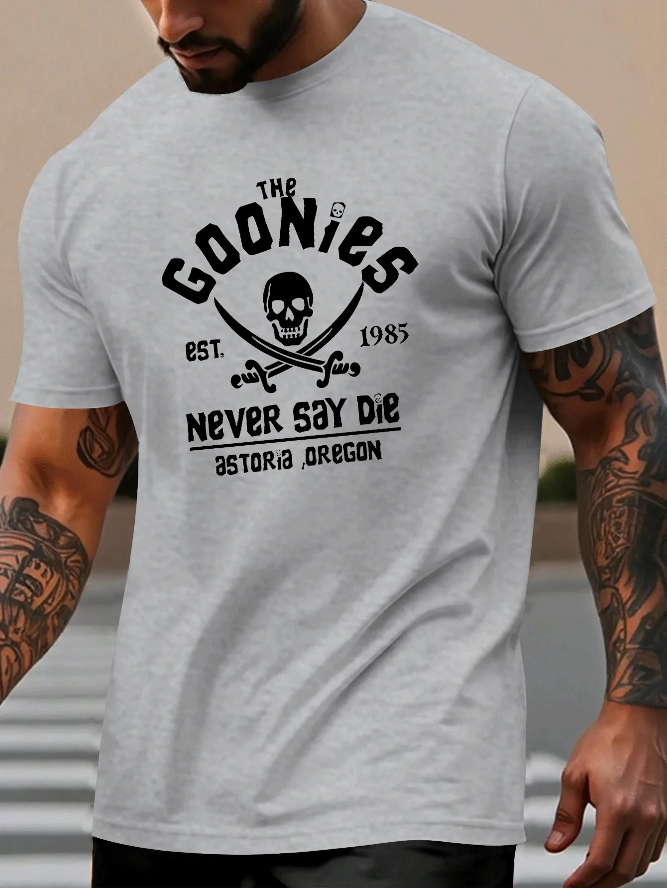Men's summer 100% pure cotton fashionable casual loose goonies graphic printed round neck short sleeved T-shirt top