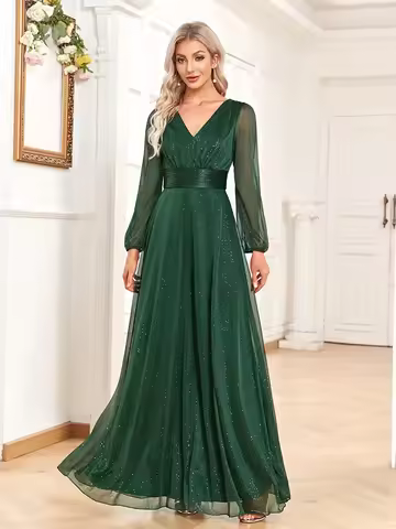 Women's Elegant New V Neck Shiny Chiffon Evening Gown A Line Long Sleeve Wedding Bridesmaid Dress Party Dresses Women Evening