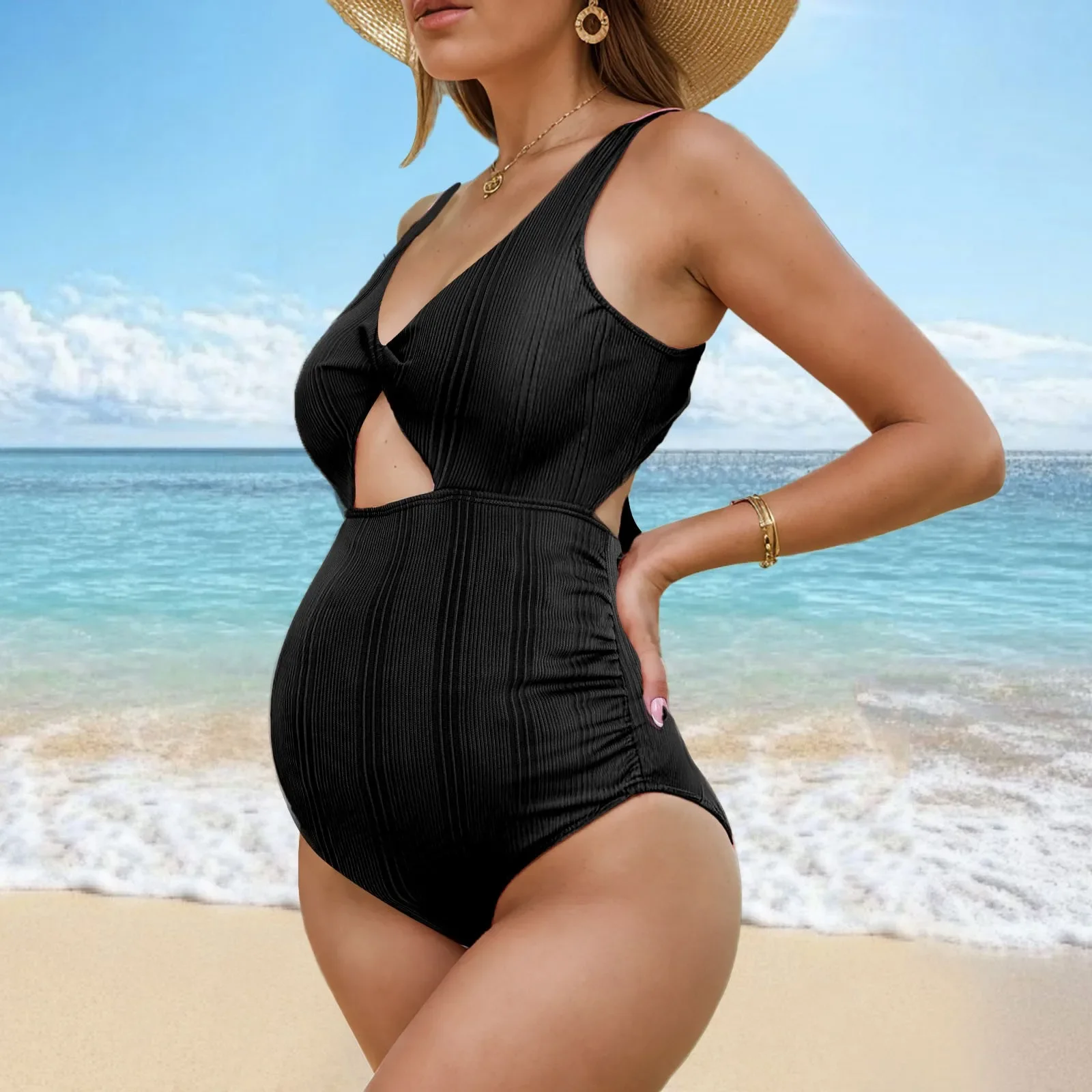 Bikini para embarazadas, nuevo traje de baño de una pieza para mujer, traje de baño conservador de Color sólido con protección solar, ropa de playa Sexy con cuello en V profundo y espalda descubierta