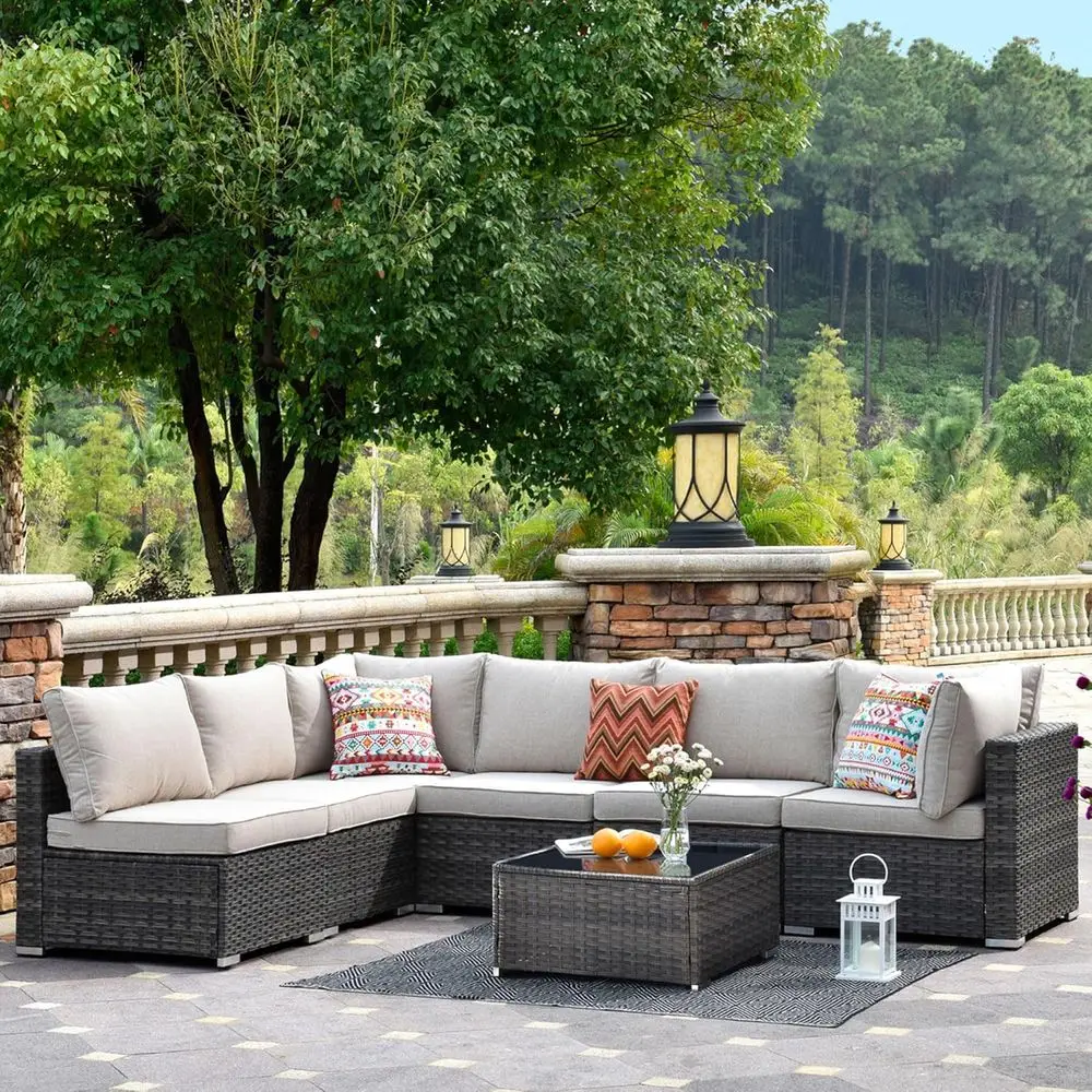 

L-Shaped Weather-Resistant Outdoor Wicker Sectional Sofa Set with Beige Couch and Table