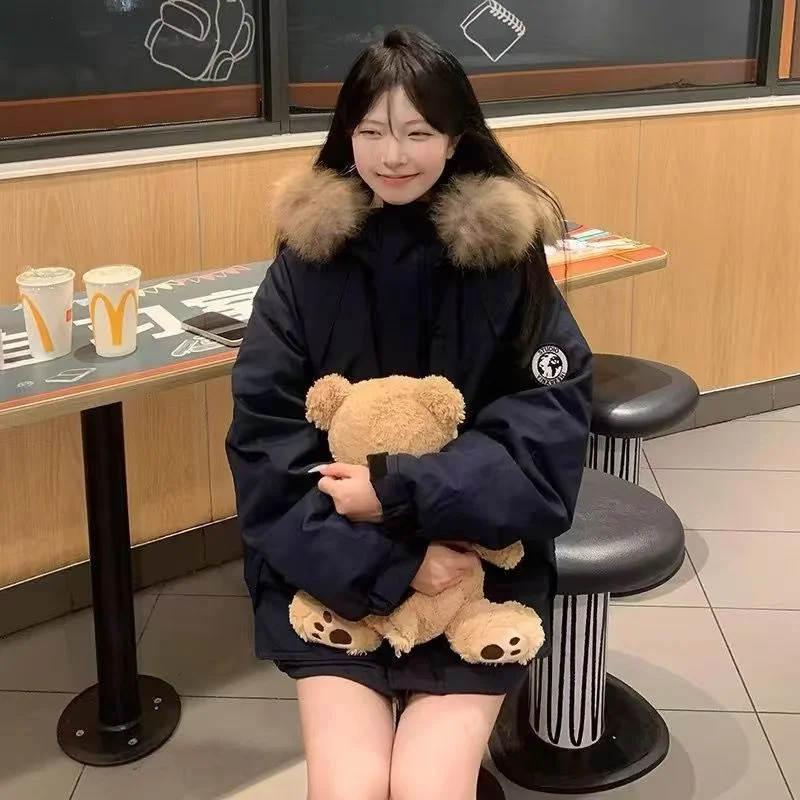 American Tooling School Overcomes Cotton-padded Jacket New Fashion Women's Big Wool Collar Hooded Fashion Coat In Winter Of 2024