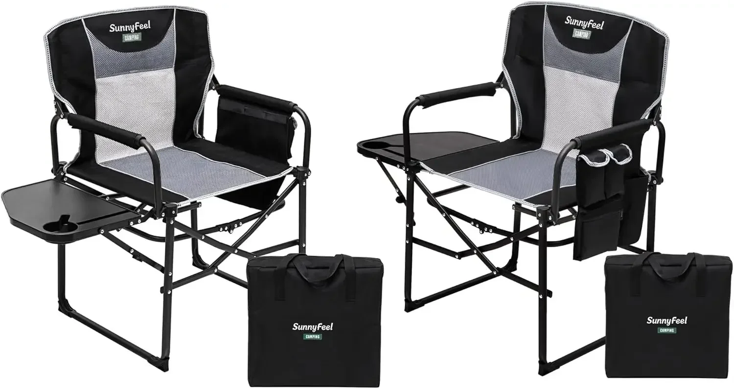 Oversized Camping Directors Chair 2 Pack, Portable Folding Lawn Chairs for Adults Heavy Duty with Side Table,Pocket for Beach, F