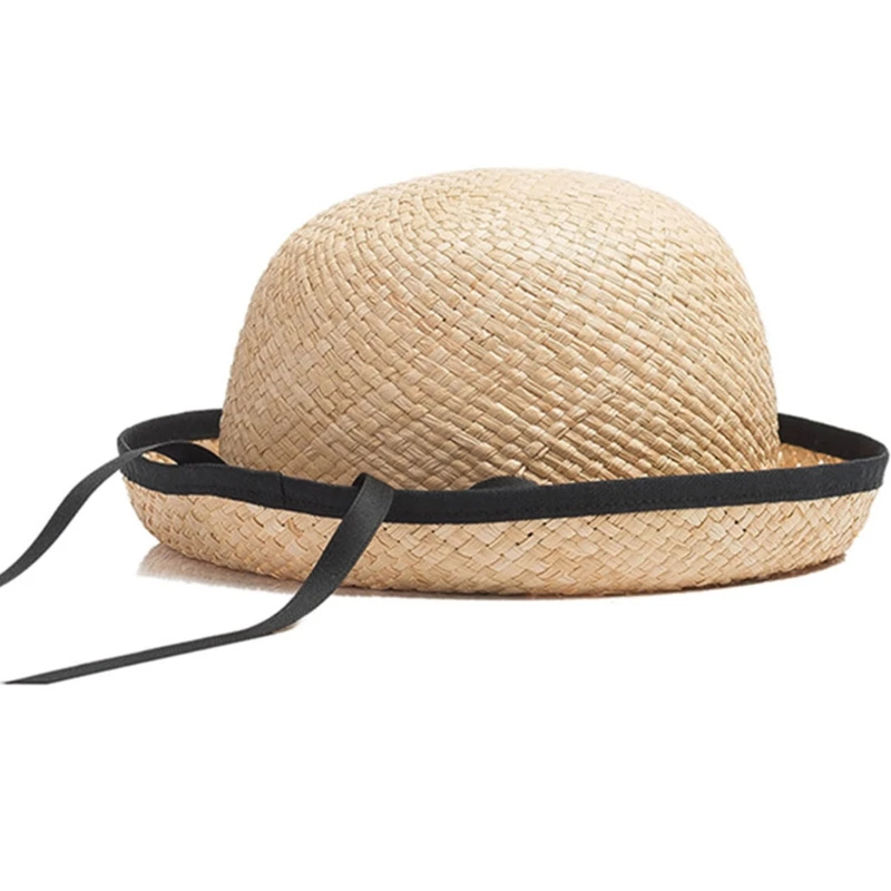 

Lovely Roll-up Wide Brim for Sun Hat Straw Hat Ribbon Bowknot Dome Top Hat Sunscreen for Summer Outdoor Leisure Dropship